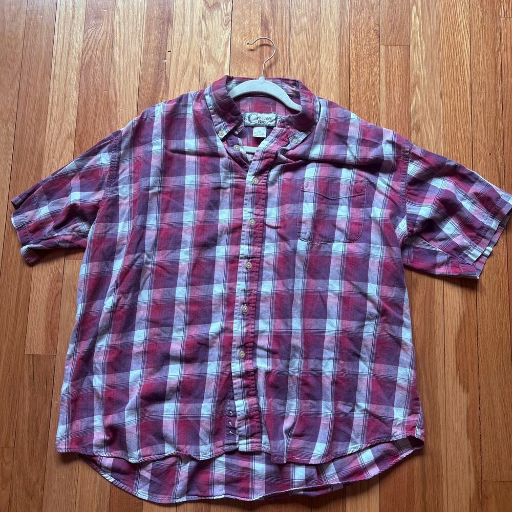 Crescent Bay Adult XL Red/Purple Plaid Button Up Short Sleeve Vintage y2k 90's